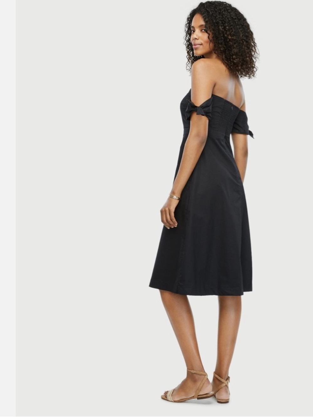 Off-Shoulder Black Midi Dress with Bow Detail
